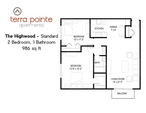 A floor plan for a 986 sq ft apartment at terra pointe.